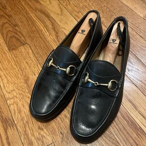 GUCCI Vintage Loafer 43.5 D Gold Horsebit Black Leather Loafers Made In Italy